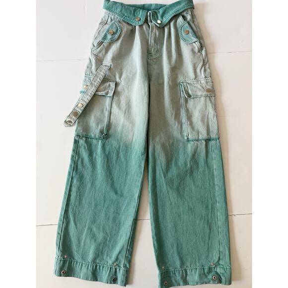 Creative Design Baggy Wide Leg Pants Women L Two Tone Green Cargo Y2K Skater - Picture 3 of 15